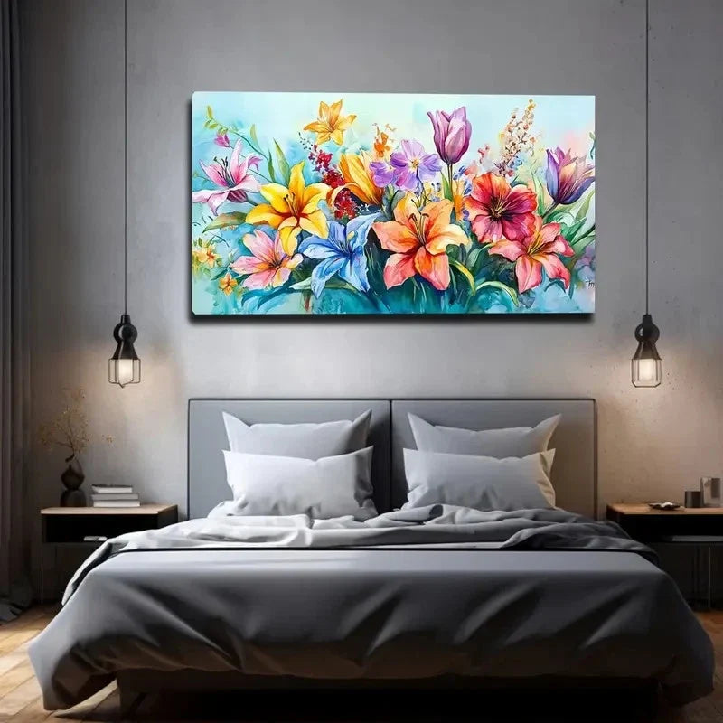Colorful Flowers Watercolor Wall Art Canvas Office Home Room Framed 120x60cm