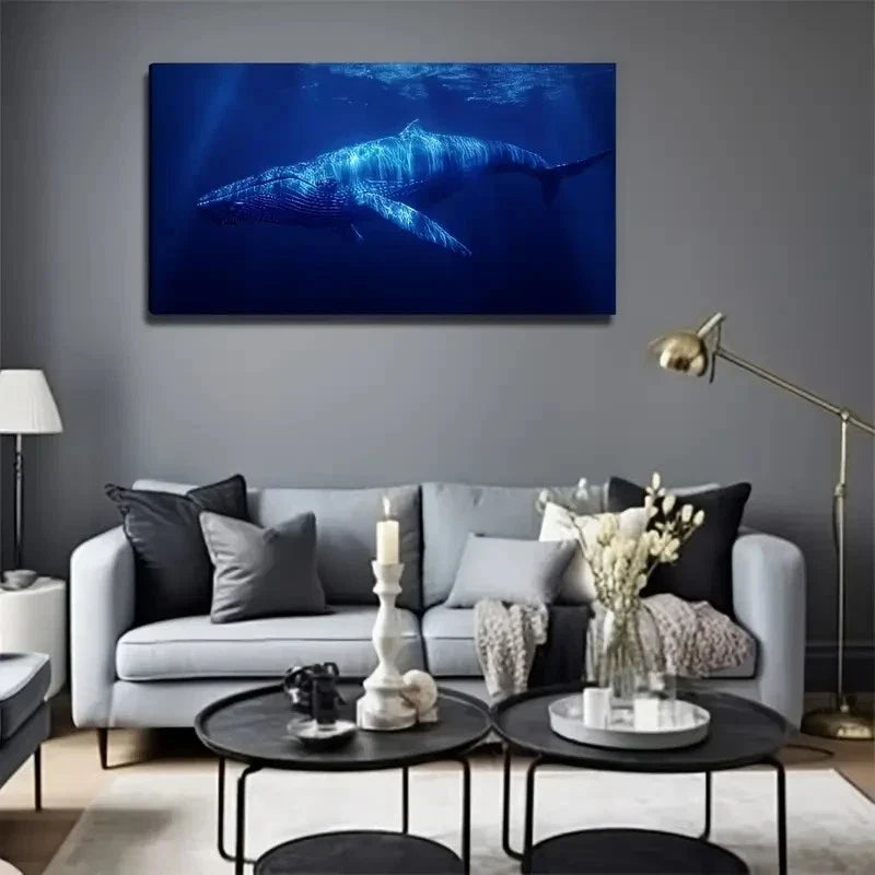 Blue Whale Decoration Wall Art Canvas Office Home Room Framed 80x45cm