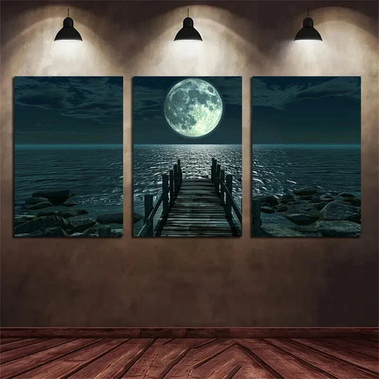 3pcs A Night Scene with The Moon Shining Metal Print Ready to Hang Art