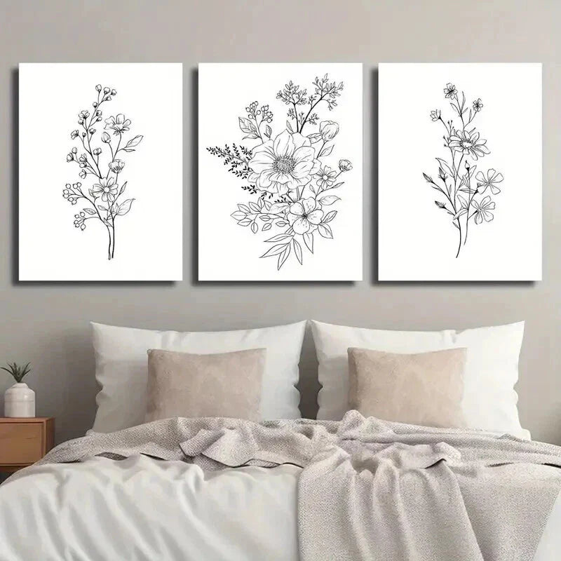 3pcs Black and White Botanical Floral Theme Wall Art Set Canvas Framed 40x60cm - High Quality Print 100% Australian Made Wall Canvas Ready to Hang