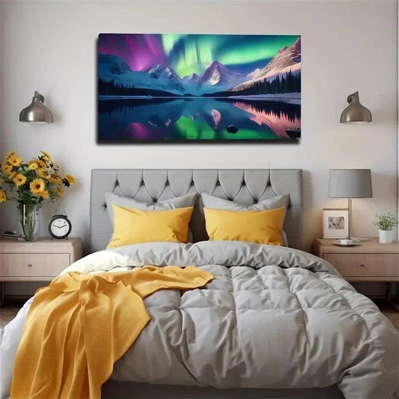 Stunning Northern Lights Lands Wall Art Canvas Office Home Room Framed 80x45cm.