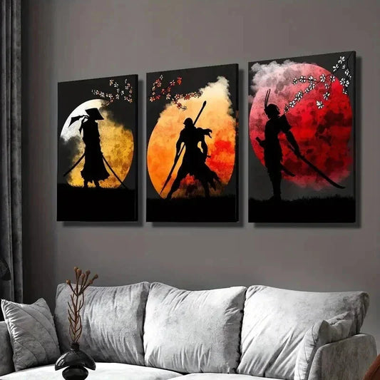 3pcs Epic Samurai & Floral Ink Illustrations Wall Art Set Canvas Framed 40x60cm - High Quality Print 100% Australian Made Wall Canvas Ready to Hang