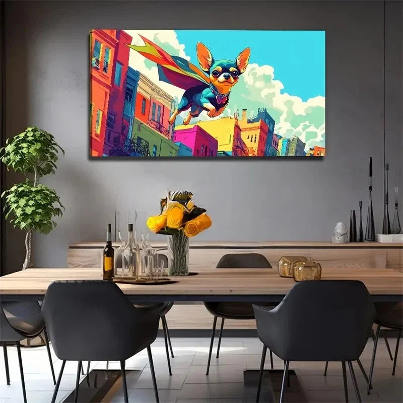 Superhero Dog Flying Wall Art Canvas Office Home Room Framed 120x60cm.