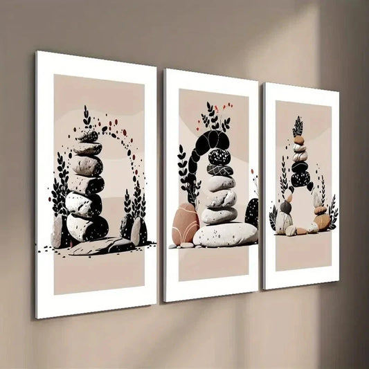 3pcs Abstract Stone Plant Art Zen Stone Stacked Wall Art Set Canvas Framed 40x60cm - High Quality Print 100% Australian Made Wall Canvas Ready to Hang