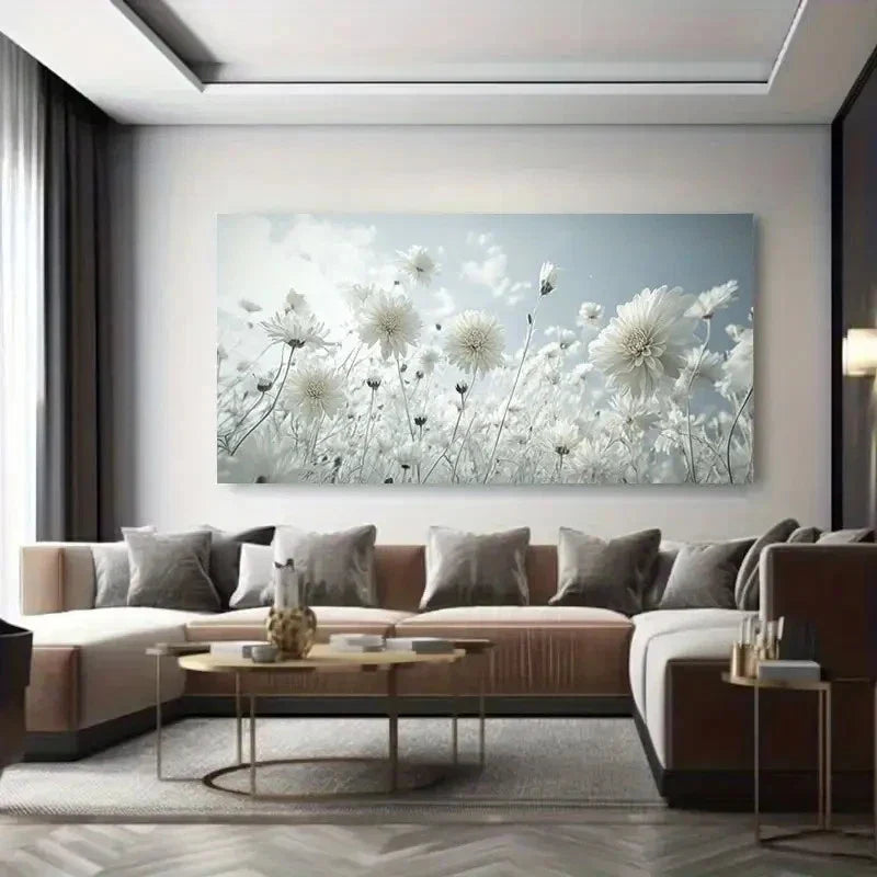 White Chrysanthemum Minimalist Wall Art Canvas Office Home Room Framed 120x60cm