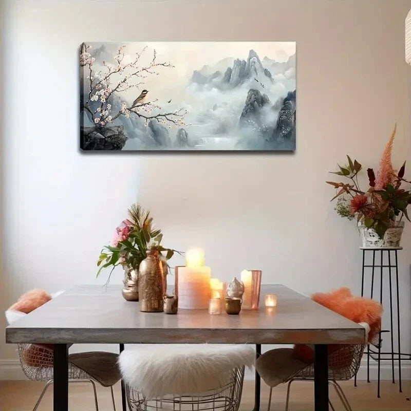 Blooming Sakura Trees Misty Wall Art Canvas Office Home Room Framed 80x45cm