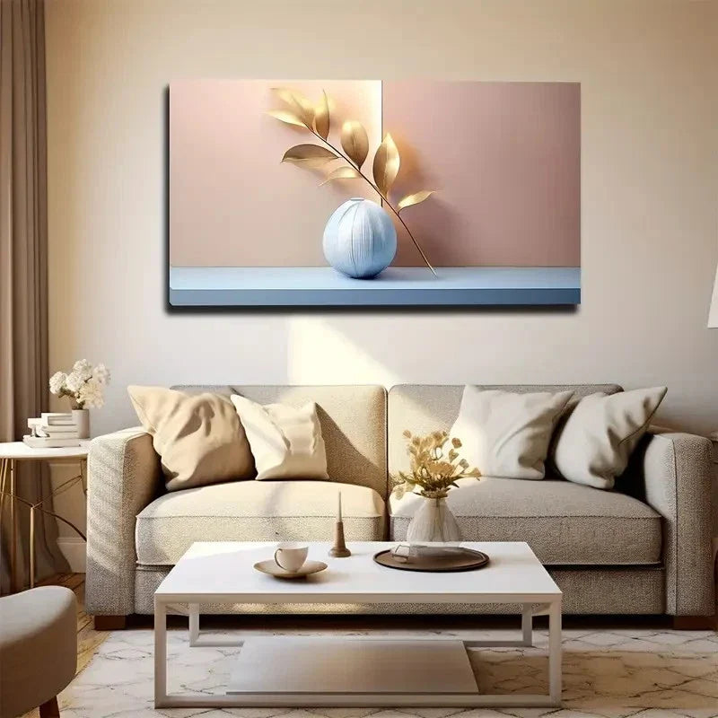 Golden Leaf Made Wall Art Canvas Office Home Room Framed 80x45cm