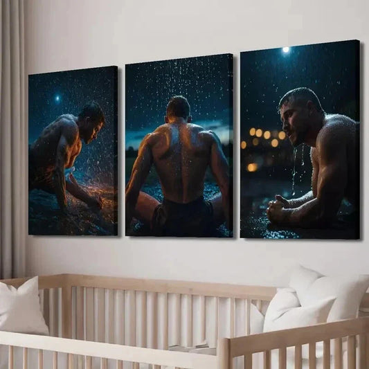 3pcs Gym & Home Rainy Night Athlete Training Wall Art Set Canvas Framed 40x60cm - High Quality Print 100% Australian Made Wall Canvas Ready to Hang