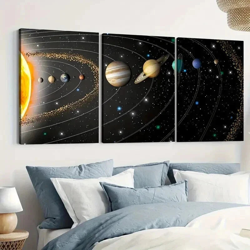 3pcs Modern Cosmic Art Black Line & Space Sun Wall Art Set Canvas Framed 40x60cm - High Quality Print 100% Australian Made Wall Canvas Ready to Hang