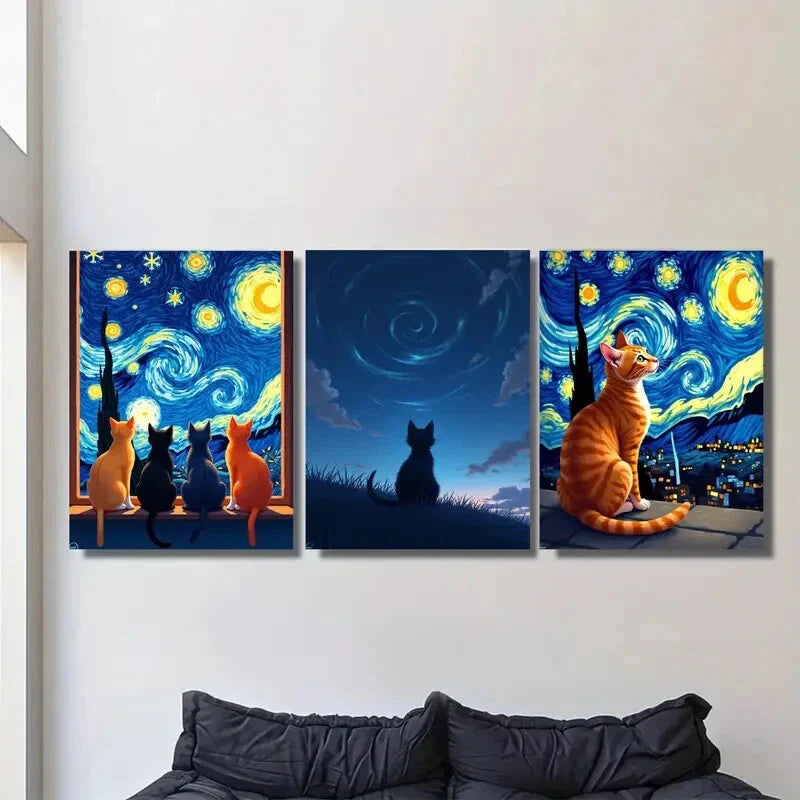 3pcs Starry Night Cat Orange Tabby & Silhouetted Metal Print Ready to Hang Art