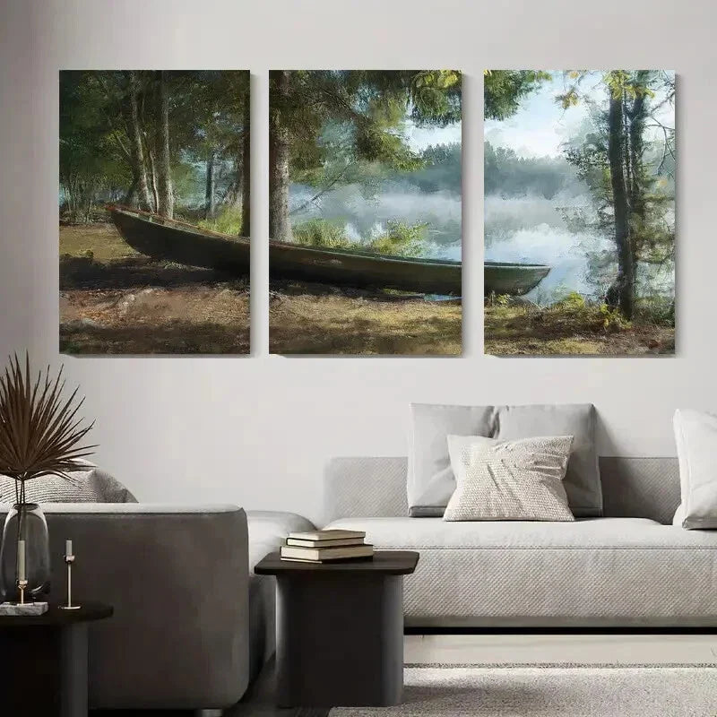 3pcs Serene Lake with Boat, Tranquil Nature Metal Print Ready to Hang Art