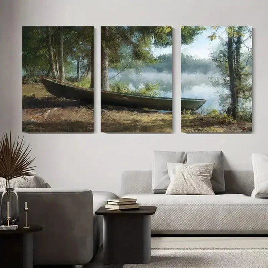 3pcs Serene Lake with Boat, Tranquil Nature Metal Print Ready to Hang Art