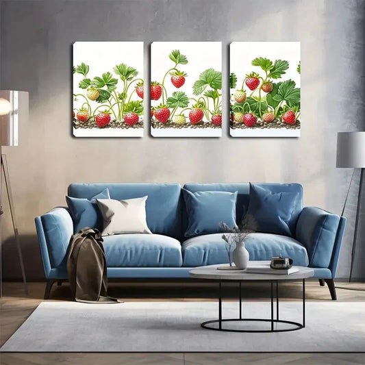 3pcs Growing Strawberries In Vivid Style Wall Art Set Canvas Framed 40x60cm - High Quality Print 100% Australian Made Wall Canvas Ready to Hang