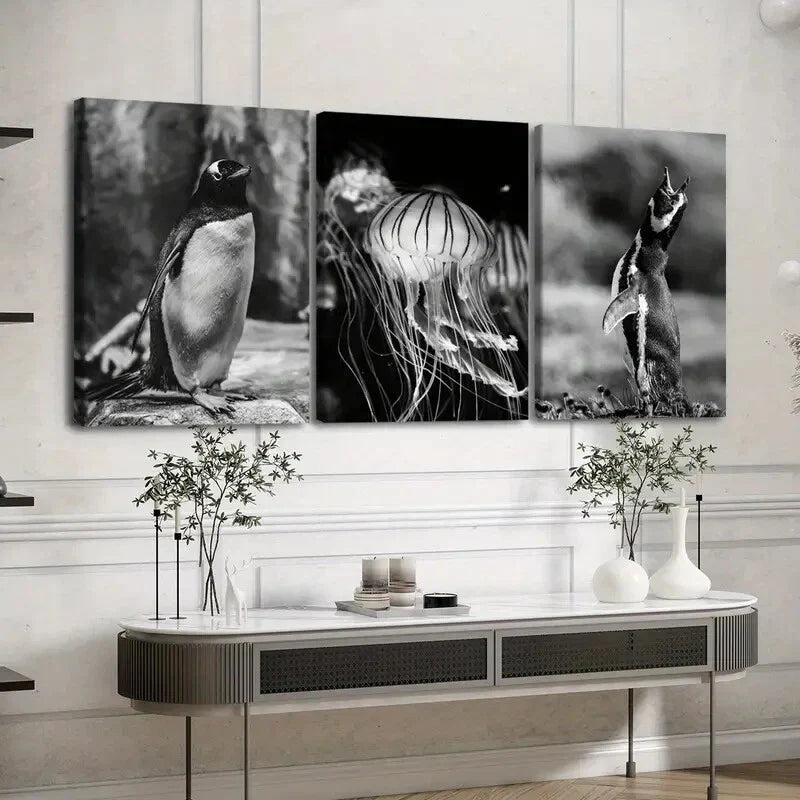 3pcs Vintage Black Animal Penguin Jellyfish Dark Wall Art Set Canvas Framed 40x60cm - High Quality Print 100% Australian Made Wall Canvas Ready to Hang