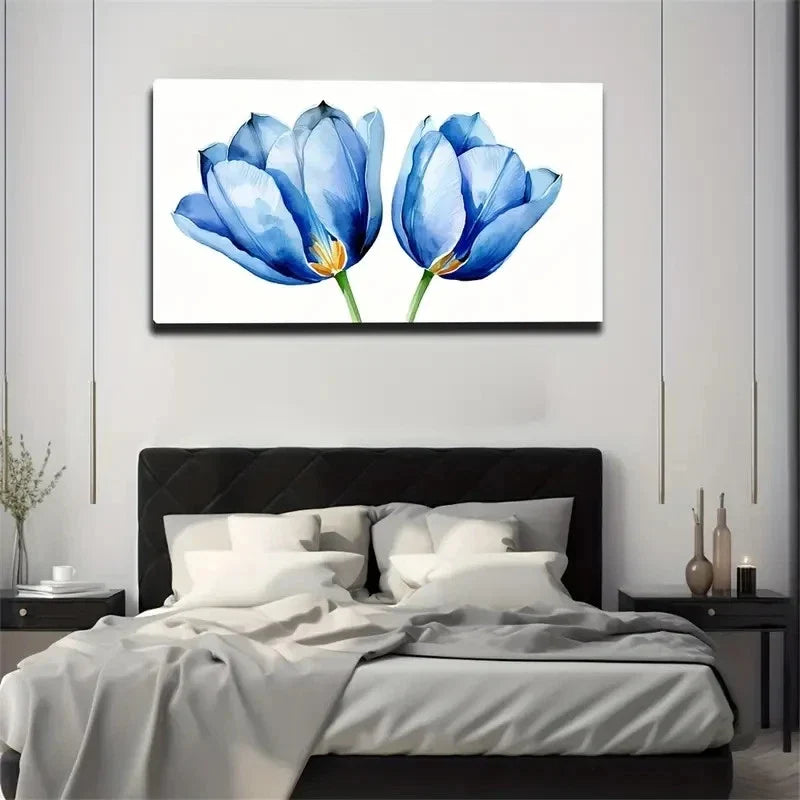 Two Poppies Blue Poppies Wall Art Canvas Office Home Room Framed 80x45cm