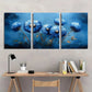 3pcs Vibrant Blue Dandelion Flowers & Green Leaves Metal Print Ready to Hang Art