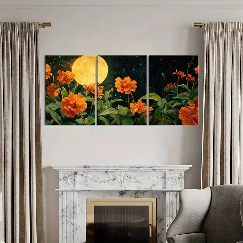 3pcs Vibrant Orange Flowers & Starry Night Sky Metal Print Ready to Hang Art