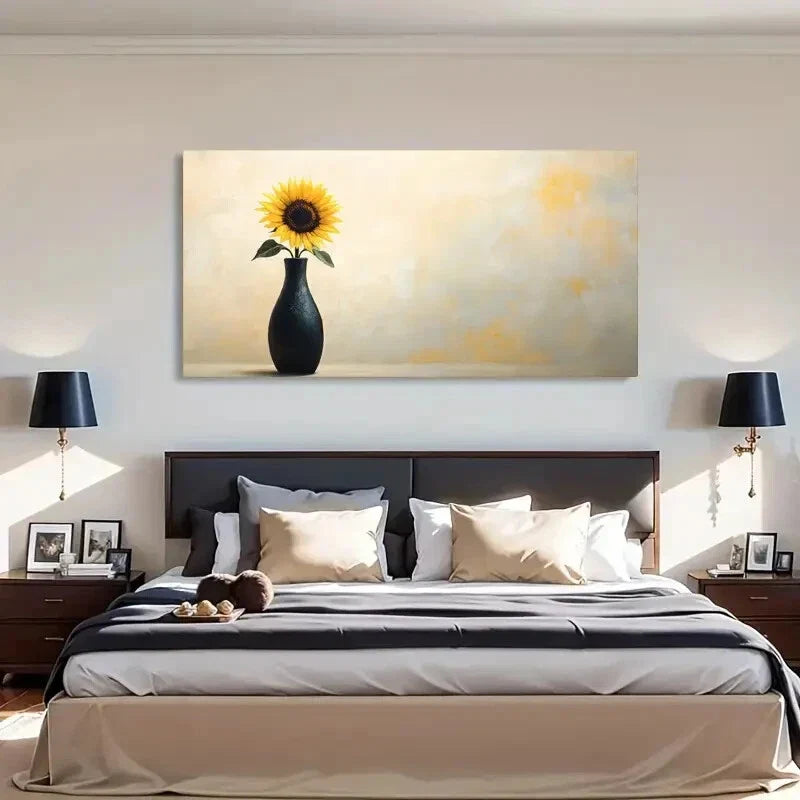 Sunflower Floral Vase Deco Wall Art Canvas Office Home Room Framed 80x45cm