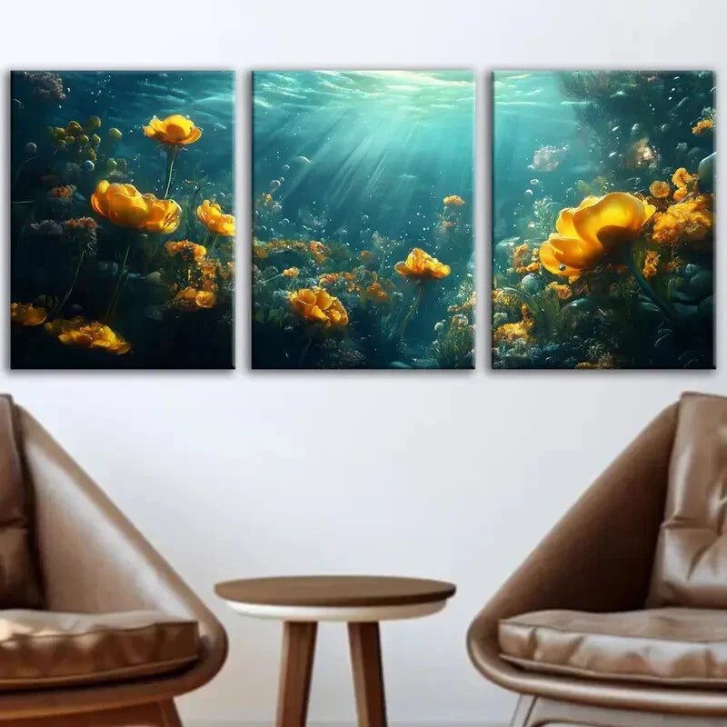 3pcs Beautiful Sea Flowers And Fish Blue Water Wall Art Set Canvas Framed 40x60cm - High Quality Print 100% Australian Made Wall Canvas Ready to Hang