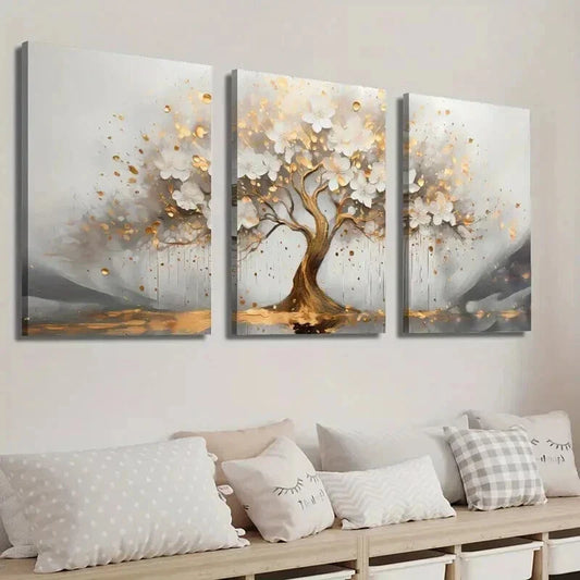 3pcs Abstract Golden Tree with White Flowers Wall Art Set Canvas Framed 40x60cm - High Quality Print 100% Australian Made Wall Canvas Ready to Hang