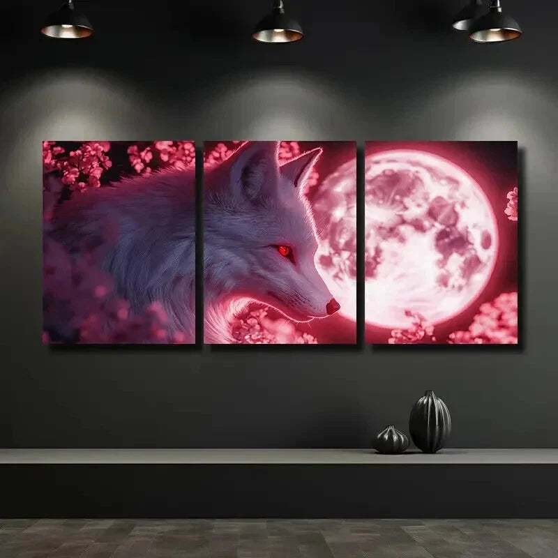 3pcs Striking White Fox & Red Eyes Wall Art Set Canvas Framed 40x60cm - High Quality Print 100% Australian Made Wall Canvas Ready to Hang