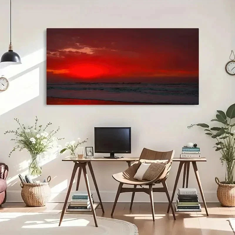 Vibrant Red Evening Scenery Wall Art Canvas Office Home Room Framed 120x60cm