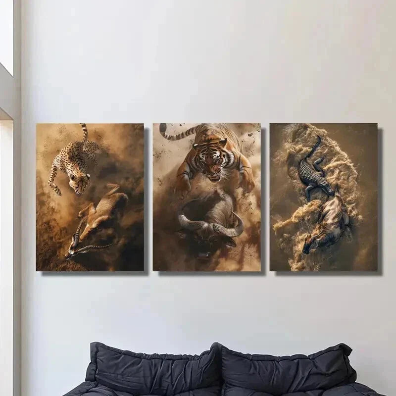 3pcs Cheetah Tiger Crocodile Hunting & Eating Wall Art Set Canvas Framed 40x60cm - High Quality Print 100% Australian Made Wall Canvas Ready to Hang