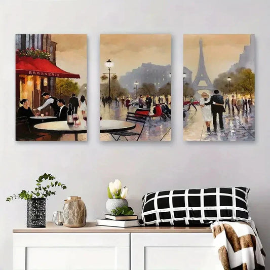 3pcs Eiffel Tower & Romantic Street Scene Metal Print Ready to Hang Art