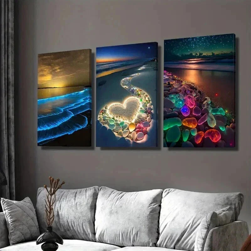 3pcs Vibrant Beach Scenes with Heart Accents Wall Art Set Canvas Framed 40x60cm - High Quality Print 100% Australian Made Wall Canvas Ready to Hang