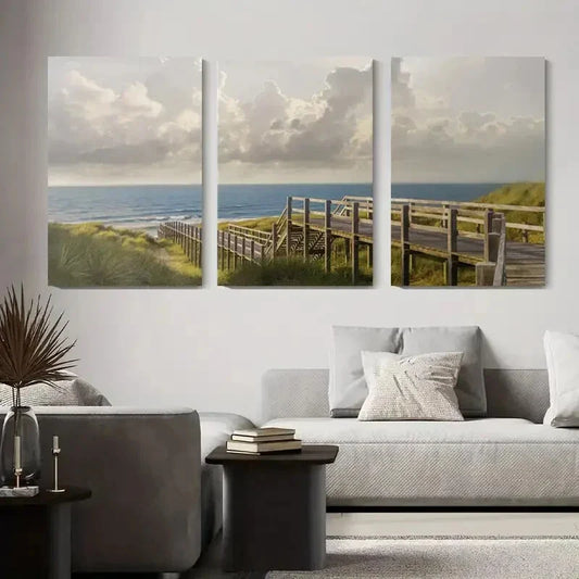 3pcs Beach Boardwalk with Ocean Metal Print Ready to Hang Art