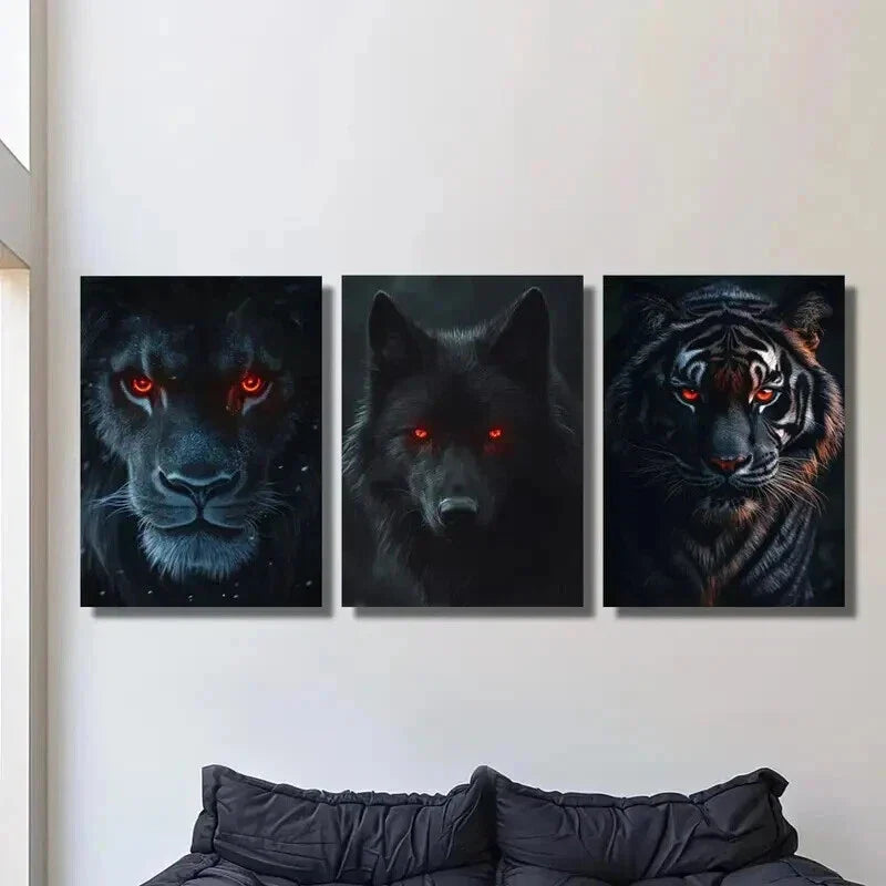 3pcs Red Eyed Black Lion Black Wolf Black Tiger Wall Art Set Canvas Framed 40x60cm - High Quality Print 100% Australian Made Wall Canvas Ready to Hang
