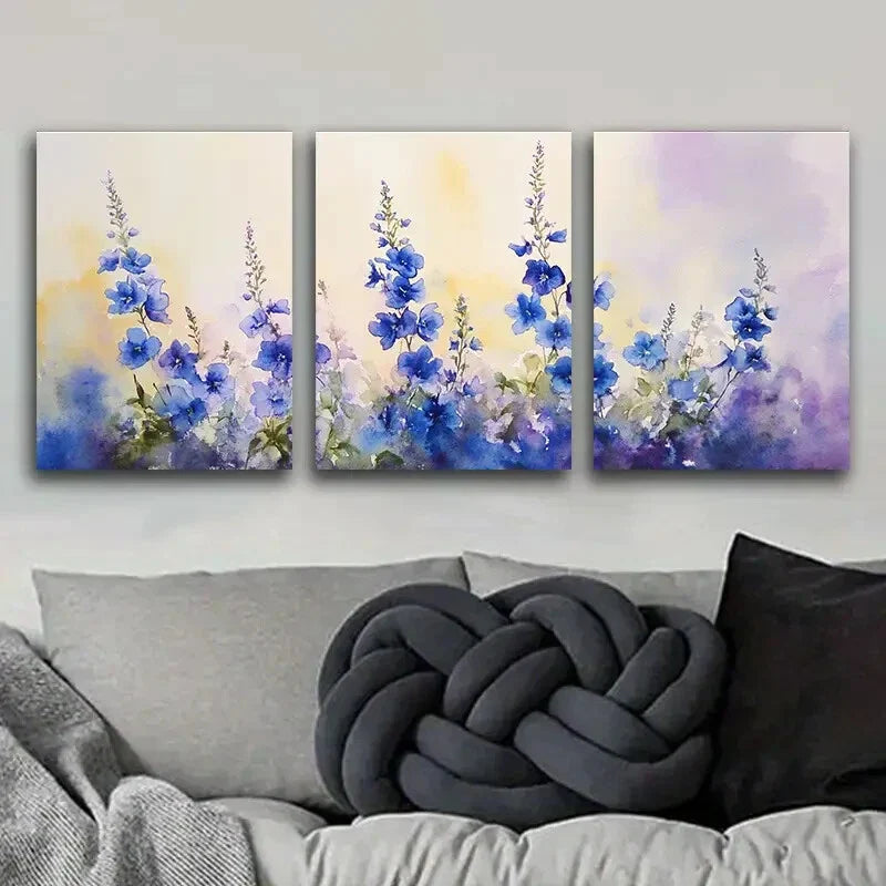 3pcs Blue Flower Watercolor Nature Perfect Wall Perfect Wall Art Set Canvas Framed 40x60cm - High Quality Print 100% Australian Made Wall Canvas Ready to Hang