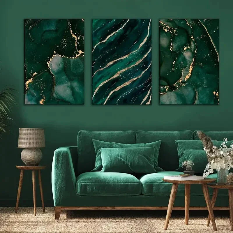 3pcs Green and Golden Abstract Marble Metal Print Ready to Hang Art