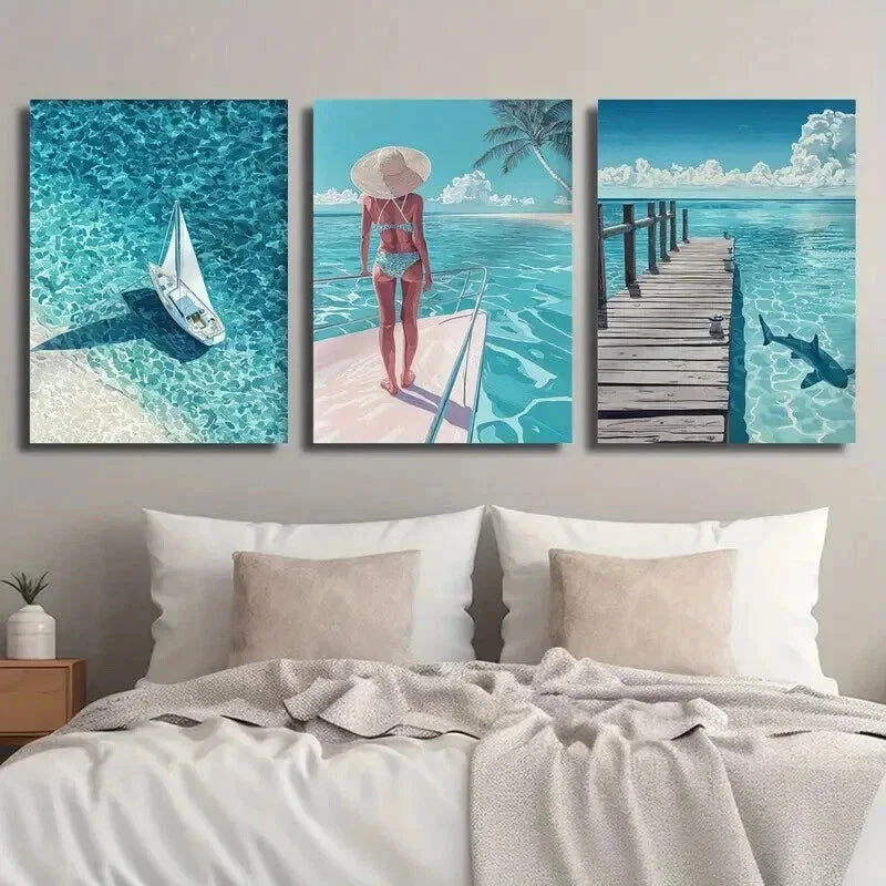 3pcs Beach & Serene Ocean Scene with Sailboat Wall Art Set Canvas Framed 40x60cm - High Quality Print 100% Australian Made Wall Canvas Ready to Hang
