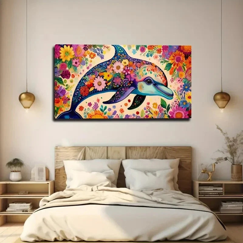 Flower Patterns A Dolphin Wall Art Canvas Office Home Room Framed 120x60cm