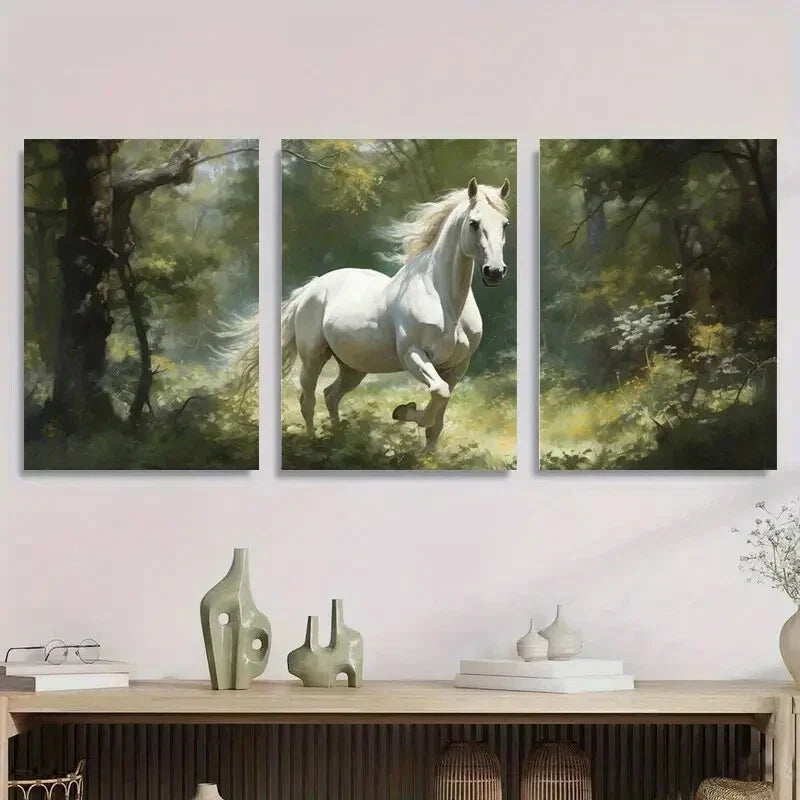 3pcs Majestic White Horse Running Metal Print Ready to Hang Art