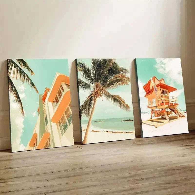3pcs Miami Beach Palm Trees & Lifeguard Tower Wall Art Set Canvas Framed 40x60cm - High Quality Print 100% Australian Made Wall Canvas Ready to Hang