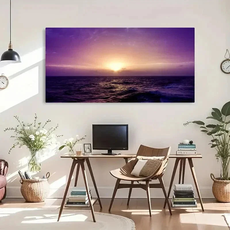 Pink & Purple Ocean Seaside Sun Wall Art Canvas Office Home Room Framed 80x45cm