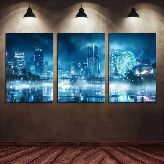 3pcs Misty Night Urban Skyline with Ferris Wheel Metal Print Ready to Hang Art