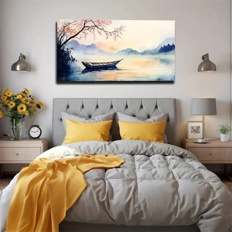 Boats Moored On The Lake Wall Art Canvas Office Home Room Framed 120x60cm