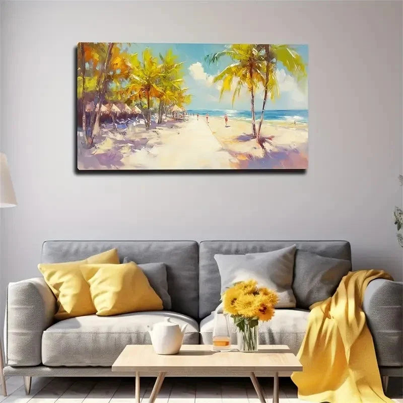 Tropical Beach Scene Palm Wall Art Canvas Office Home Room Framed 120x60cm