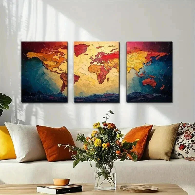 3pcs Colorful World Map for Office Perfect Wall Art Set Canvas Framed 40x60cm - High Quality Print 100% Australian Made Wall Canvas Ready to Hang