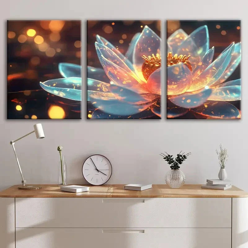 3pcs Vibrant Lotus Flower Light Blue Gold Rounds Wall Art Set Canvas Framed 40x60cm - High Quality Print 100% Australian Made Wall Canvas Ready to Hang