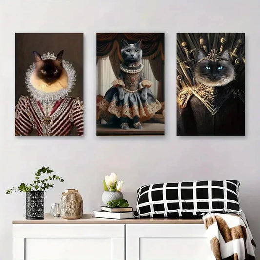3pcs Cats Dressed in Royal Attire, Victorian Metal Print Ready to Hang Art