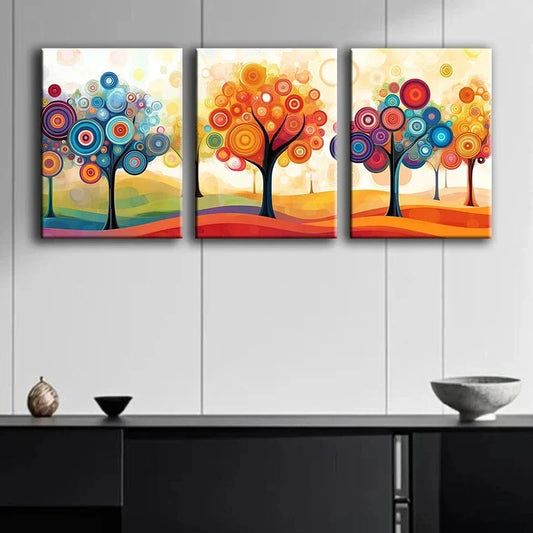 3pcs Vibrant Abstract Tree Colorful Circular Metal Print Ready to Hang Art