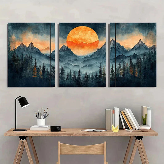 3pcs Boho Mountain Forest Sunset & Pine Trees Metal Print Ready to Hang Art