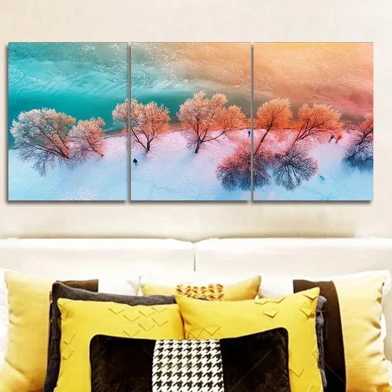 3pcs Winter Beach Triptych Colorful Sky, Coastal Metal Print Ready to Hang Art