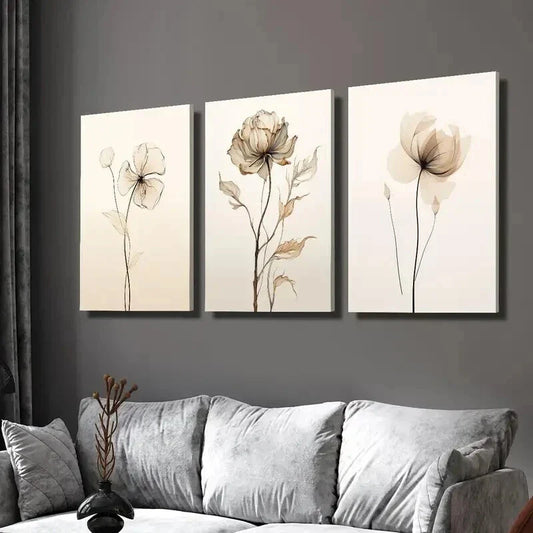 3pcs Retro Beige Floral Illustration Wall Art Set Canvas Framed 40x60cm - High Quality Print 100% Australian Made Wall Canvas Ready to Hang