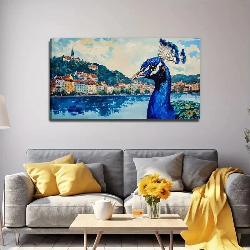 Peacock And City Suitable Wall Art Canvas Office Home Room Framed 80x45cm