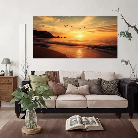 Beach Sunset Seagulls Wall Art Canvas Office Home Room Framed 80x45cm
